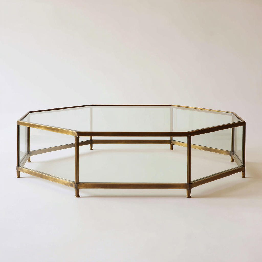 Table basse octogonale verre et métal 110x110x35 cm - transparent - laiton - style moderne - adaptée au salon-Styleixe
