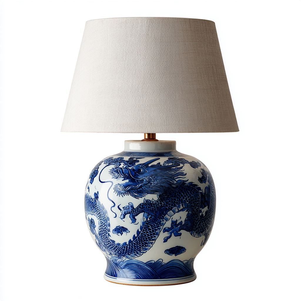 Lampe de table - céramique - tissu - 32x32x55 cm - bleu - blanc - beige - pour intérieur - design classique-Styleixe