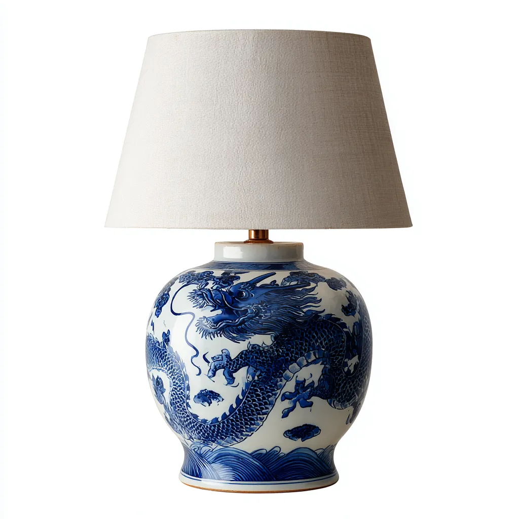 Lampe de table - céramique - tissu - 32x32x55 cm - bleu - blanc - beige - pour intérieur - design classique-Styleixe