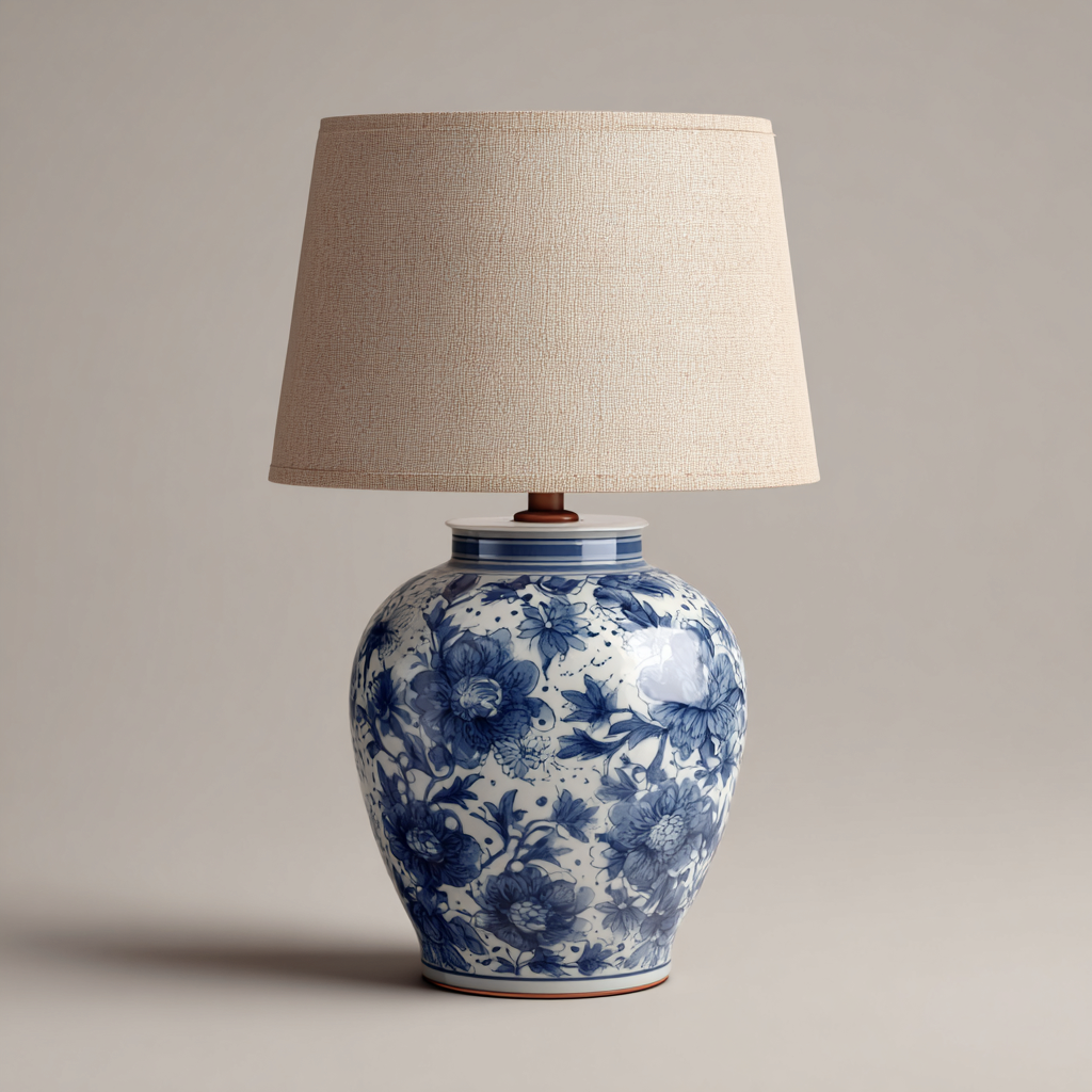 Lampe de table - céramique - tissu - 30x30x52 cm - bleu - blanc - beige - pour intérieur - design classique-Styleixe