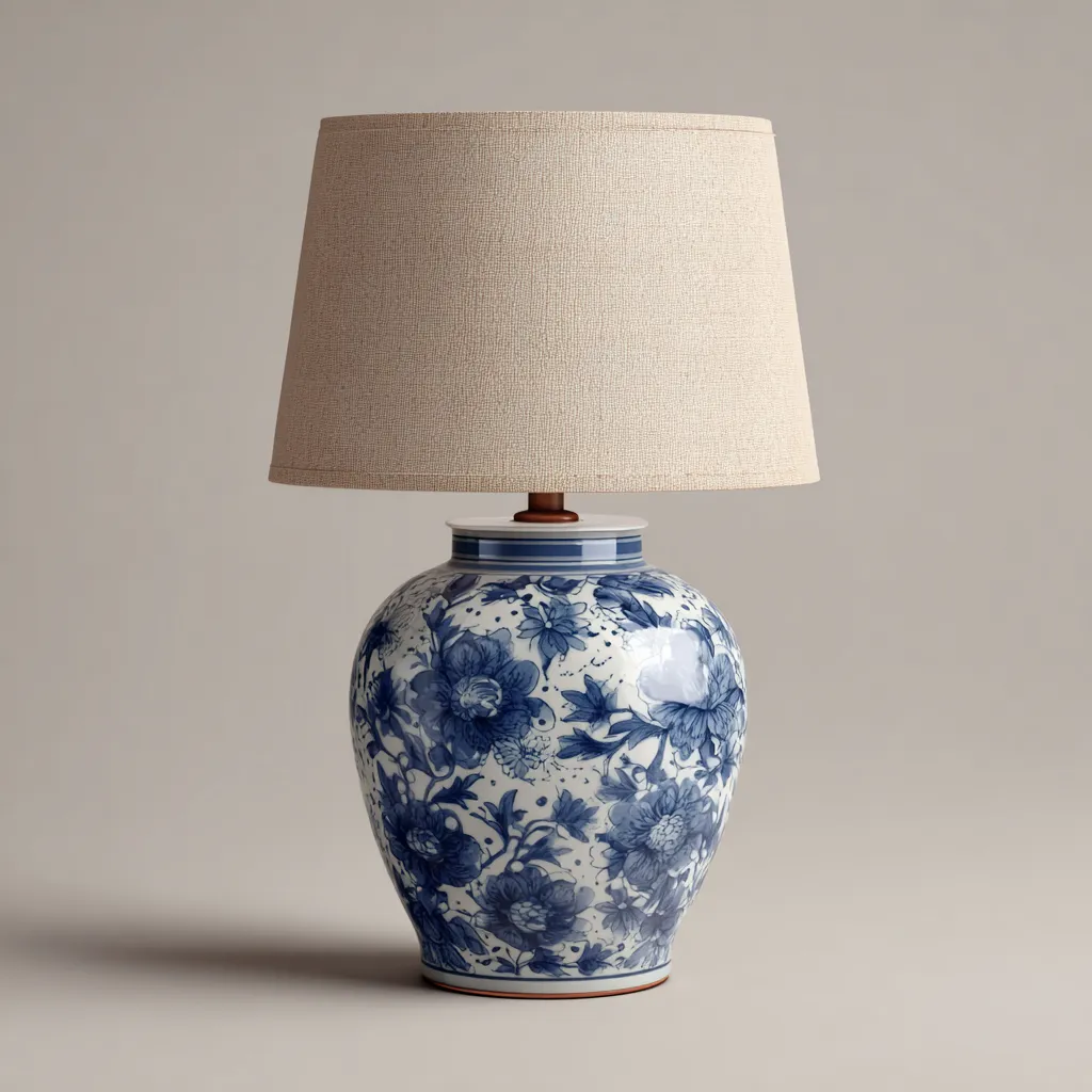 Lampe de table - céramique - tissu - 30x30x52 cm - bleu - blanc - beige - pour intérieur - design classique-Styleixe