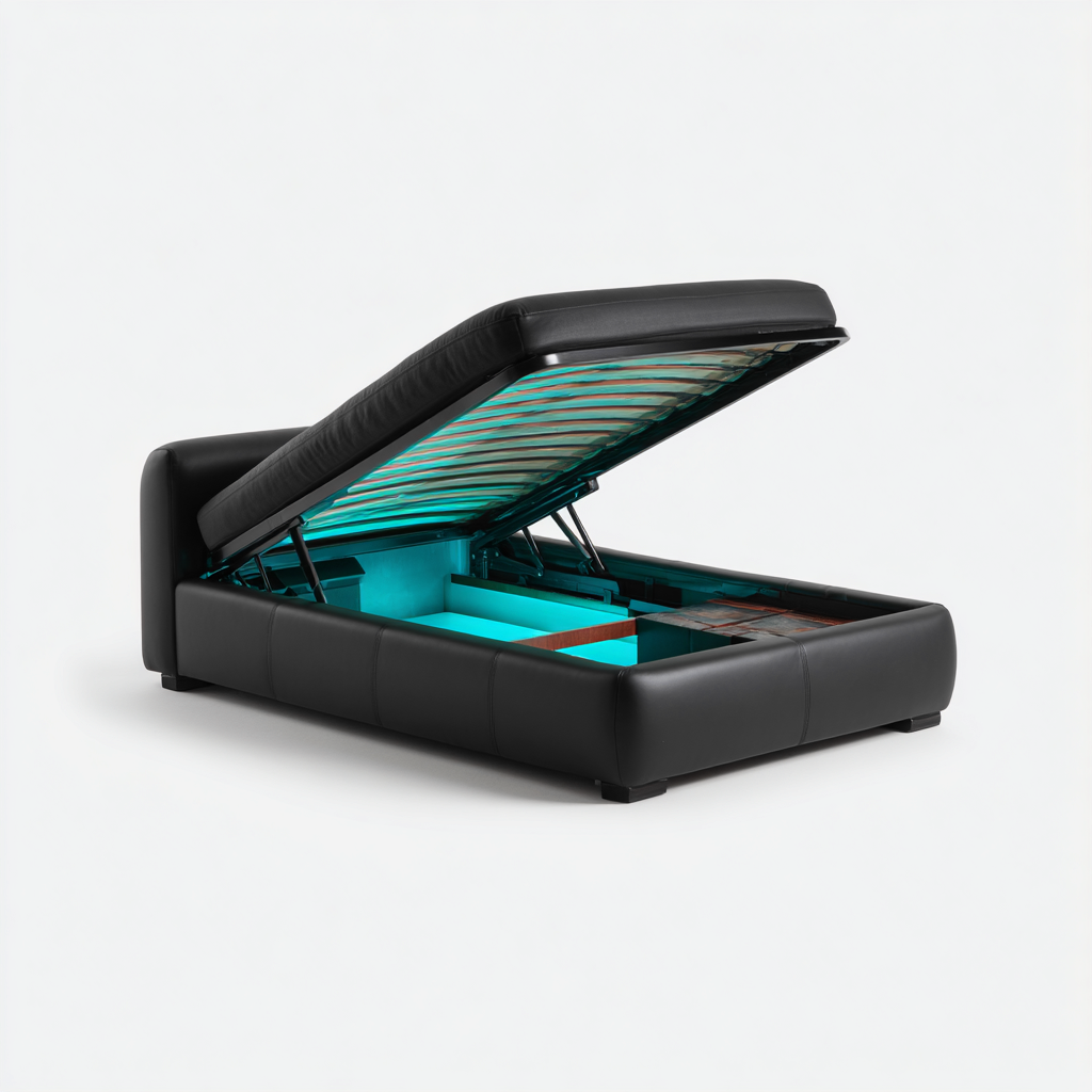 Lit simple en similicuir avec rangement relevable et éclairage LED 200x100x90 cm - noir - style moderne - pour chambre-Styleixe