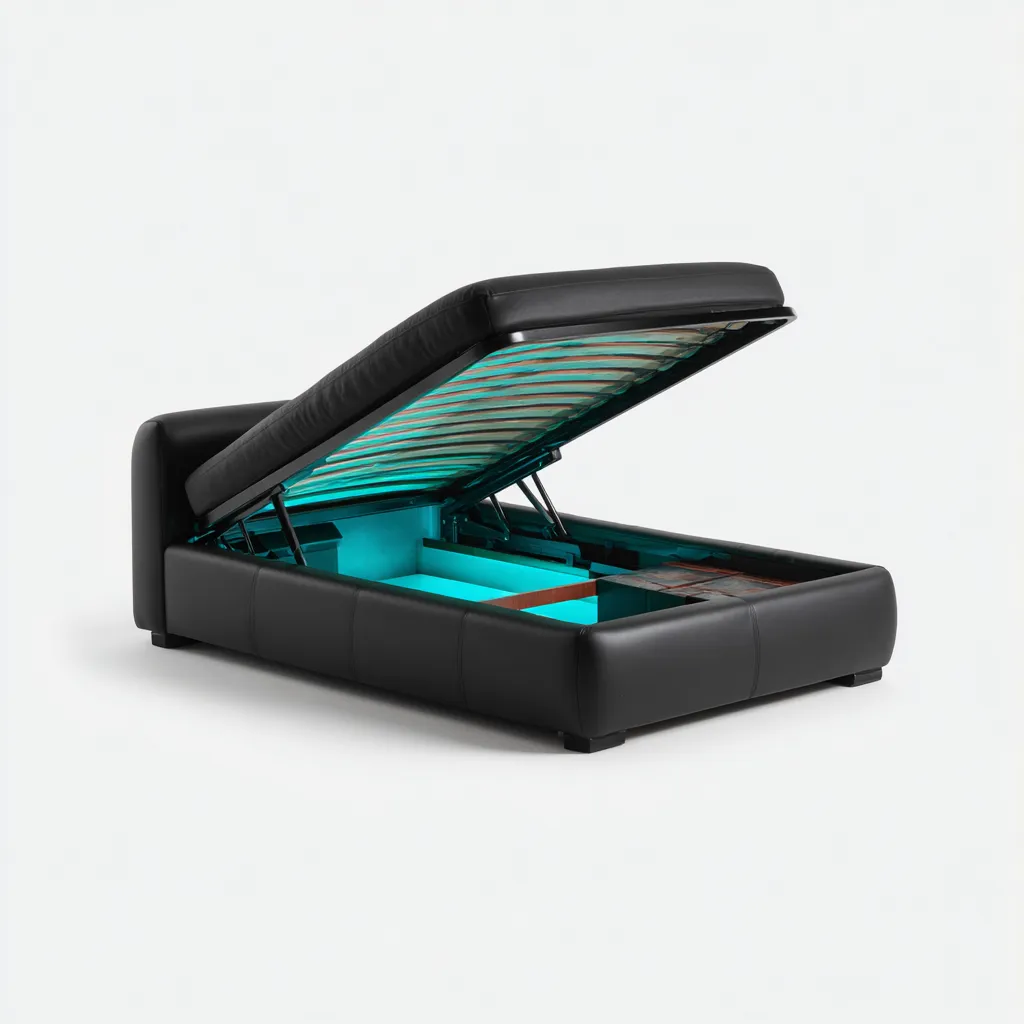 Lit simple en similicuir avec rangement relevable et éclairage LED 200x100x90 cm - noir - style moderne - pour chambre-Styleixe