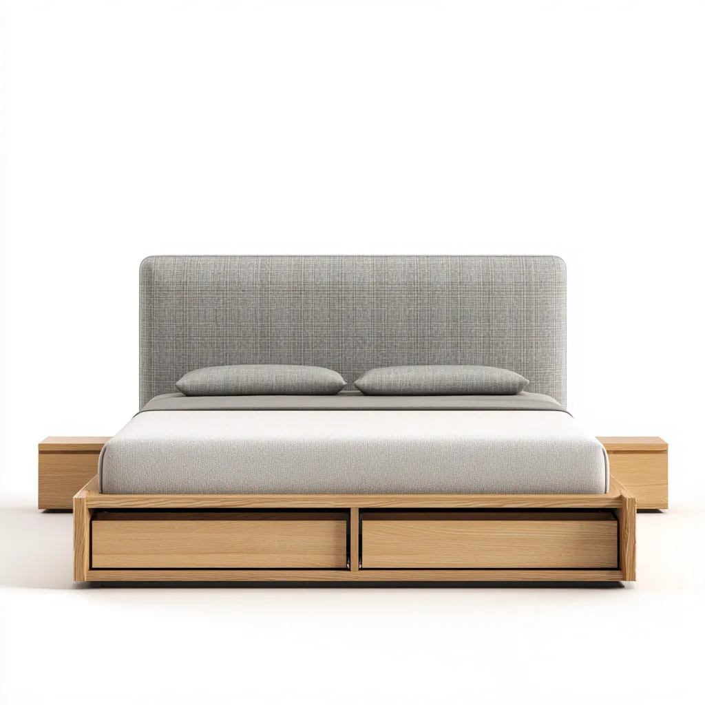 Lit double - tissu - bois - 200x180x120 cm - gris - chêne - style moderne - avec rangement - pour chambre-Styleixe