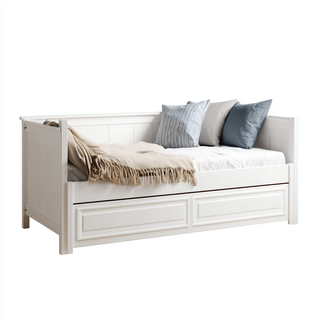Canapé lit bois massif 208x102x96 cm - blanc vieilli - avec tiroir de couchage - style classique pour chambre-Styleixe