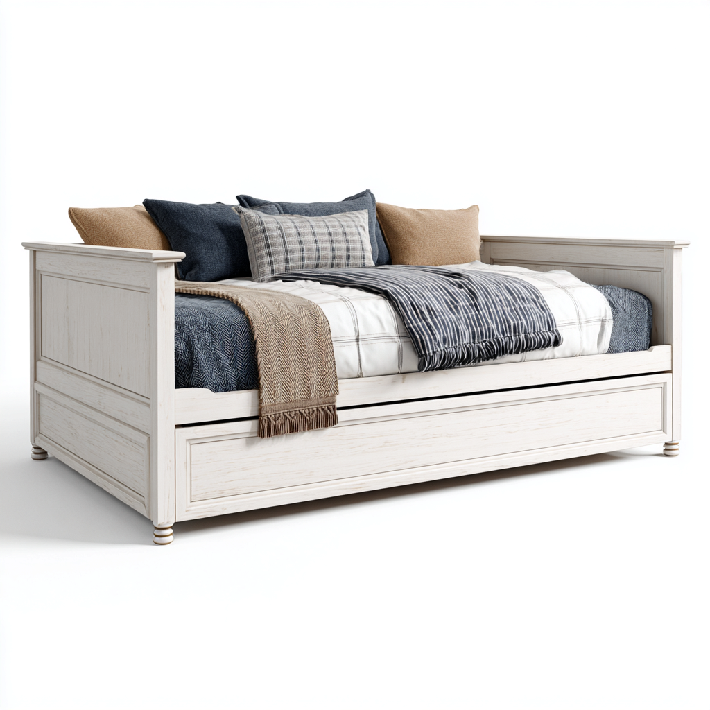 Canapé lit bois massif 208x102x96 cm - blanc vieilli - avec tiroir de couchage - style classique pour chambre-Styleixe