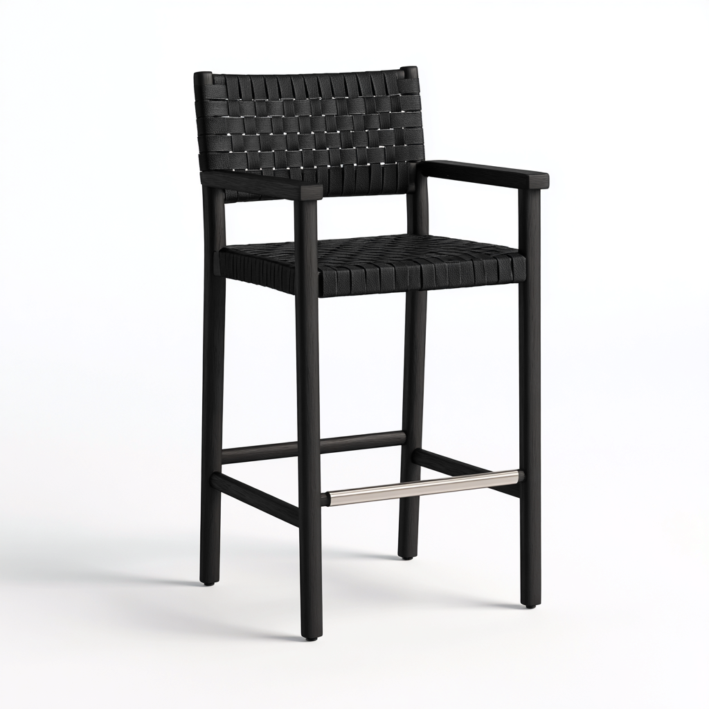 Tabouret de bar bois avec assise tressée 45x45x95 cm - noir - design moderne pour salle à manger-Styleixe