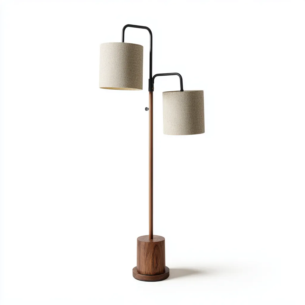 Lampadaire bois métal tissu 32x28x165 cm noyer noir beige - style naturel moderne - double éclairage pour salon-Styleixe