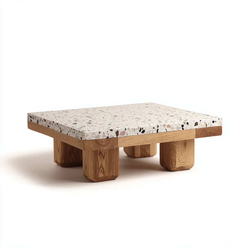 Table basse rectangulaire terrazzo et chêne 100x80x30 cm - beige - blond - style moderne - adaptée au salon-Styleixe