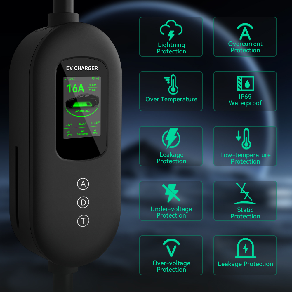 EV Charger, 120V-240V, 16A, Black