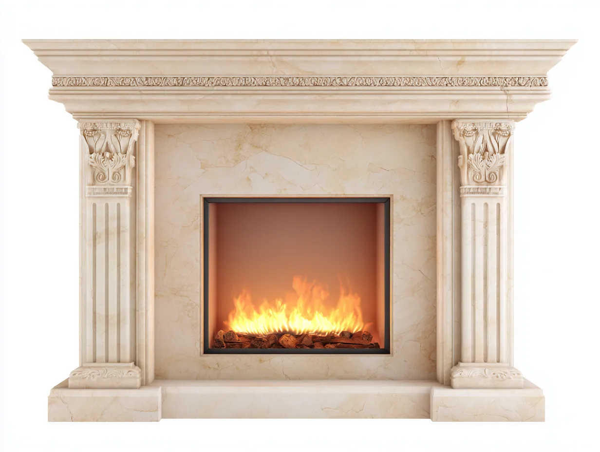 Cheminée électrique en pierre reconstituée 140x35x110cm - beige - salon - style classique avec effet flamme LED