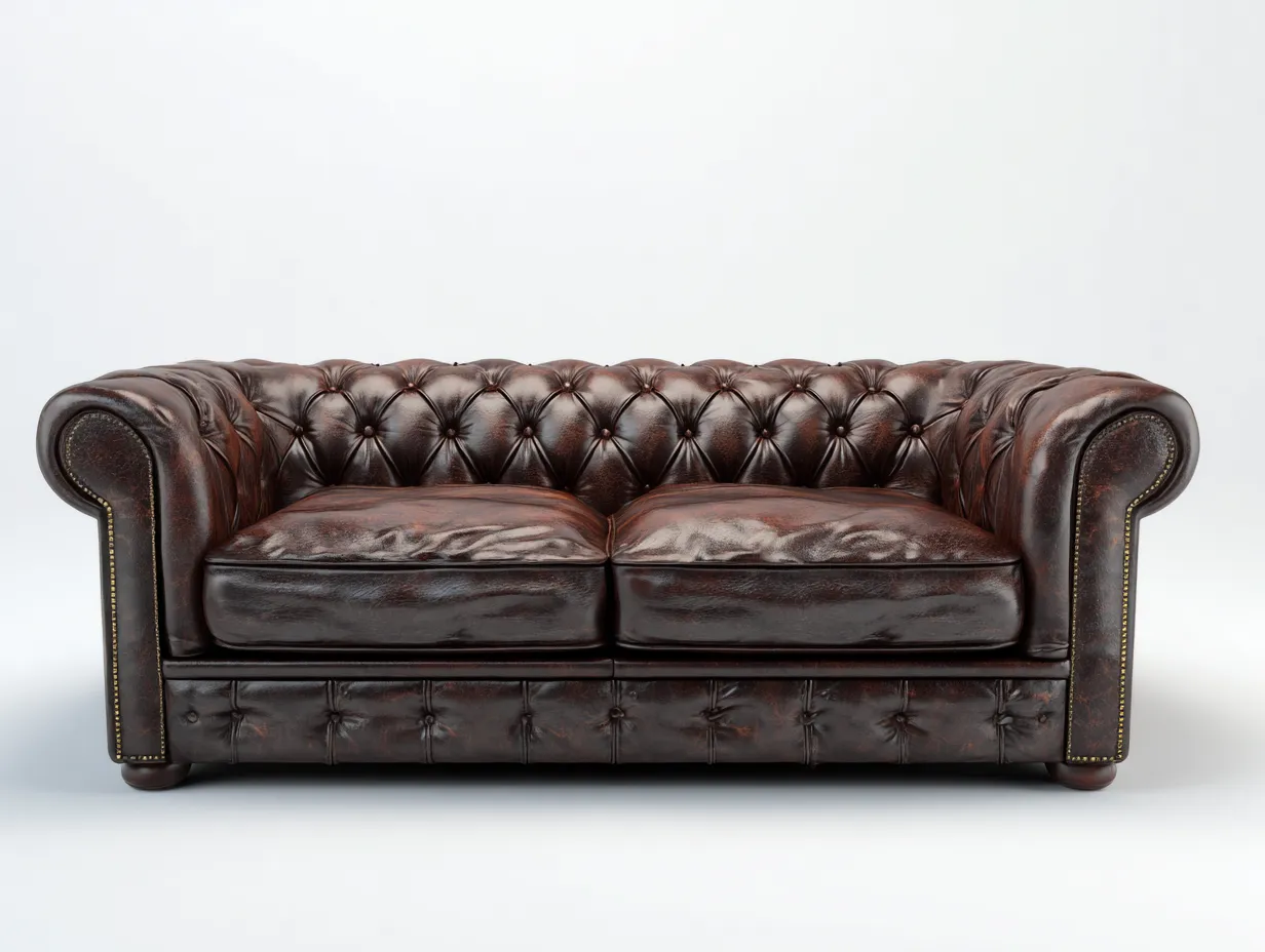 Canapé trois places en cuir 200x98x75cm - brun foncé - salon - style chesterfield capitonné