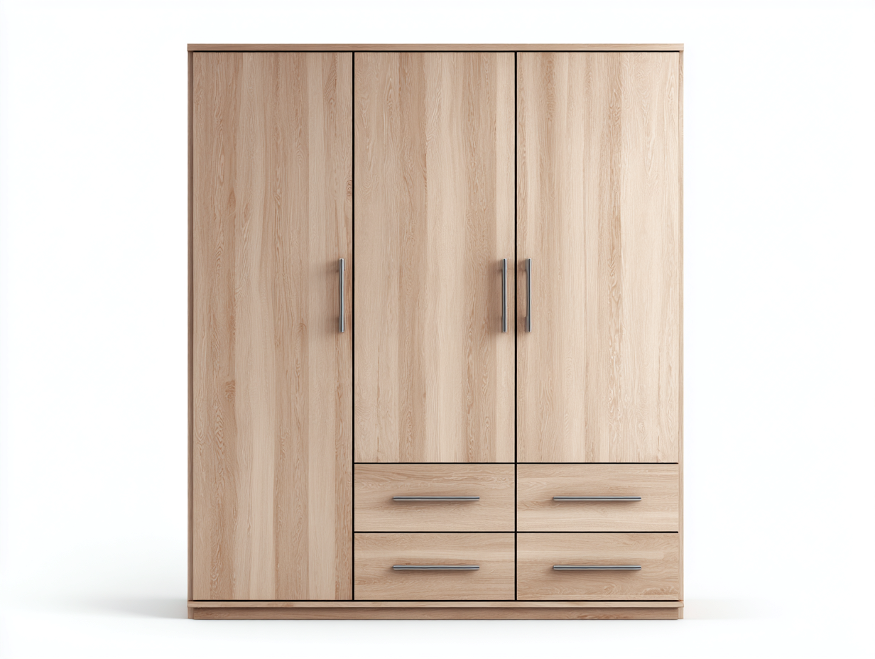 Armoire trois portes en bois 170x55x200cm - chêne clair - chambre - avec tiroirs de rangement