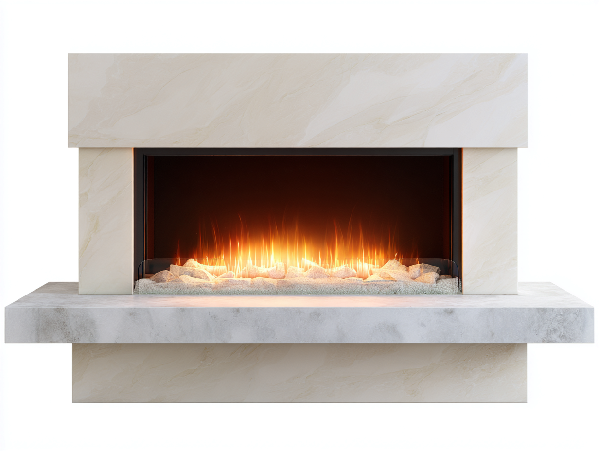 Cheminée décorative moderne en pierre 155x40x55 cm - blanc/beige/noir - salon - foyer décoratif intégré