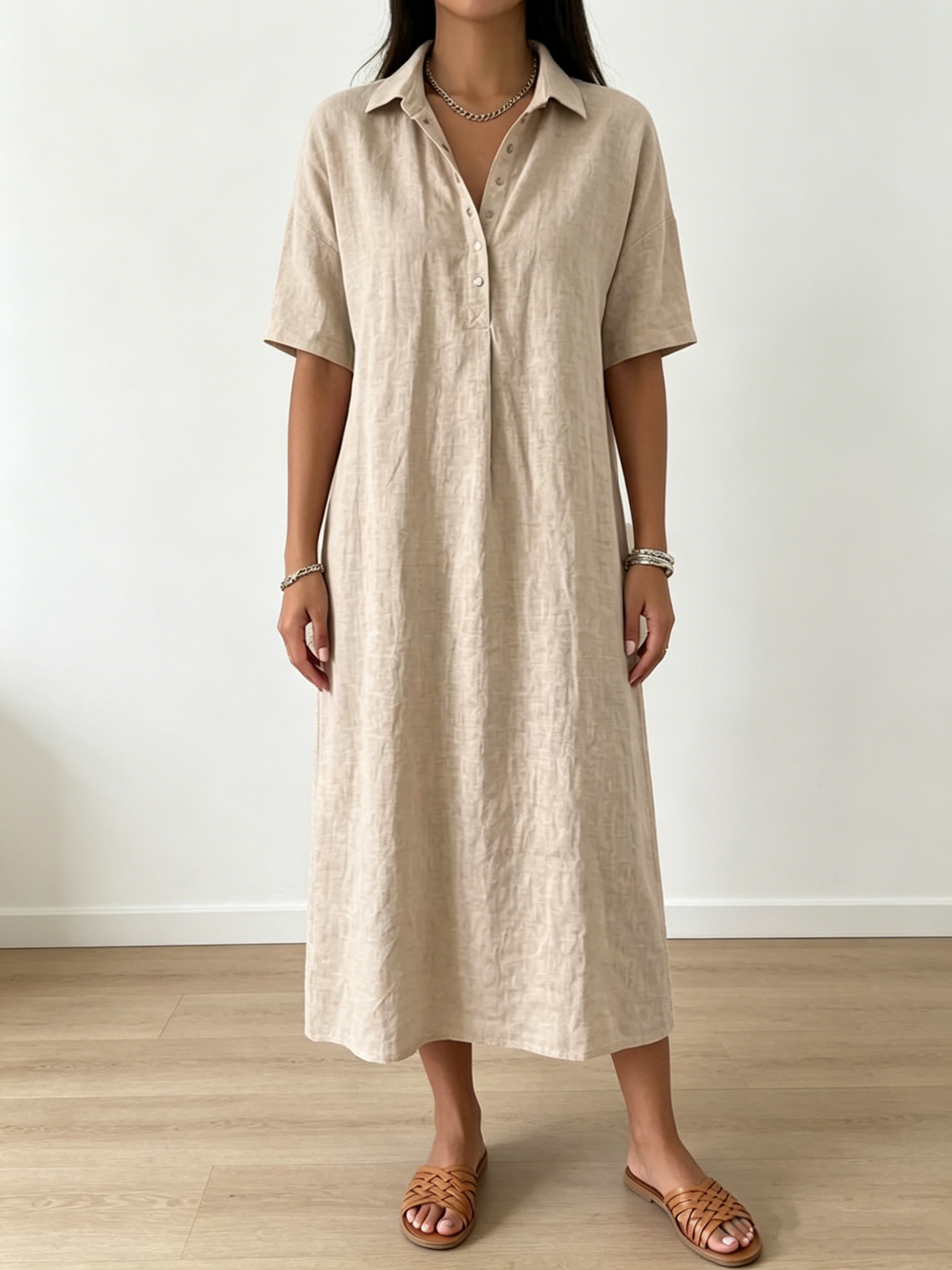 Women's Short-Sleeve Cotton-Linen Polo Dress