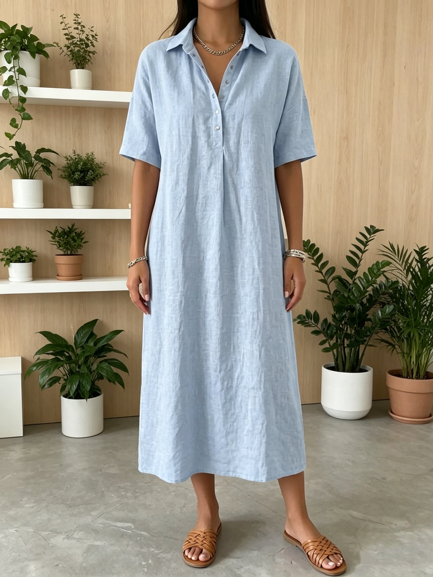 Women's Short-Sleeve Cotton-Linen Polo Dress