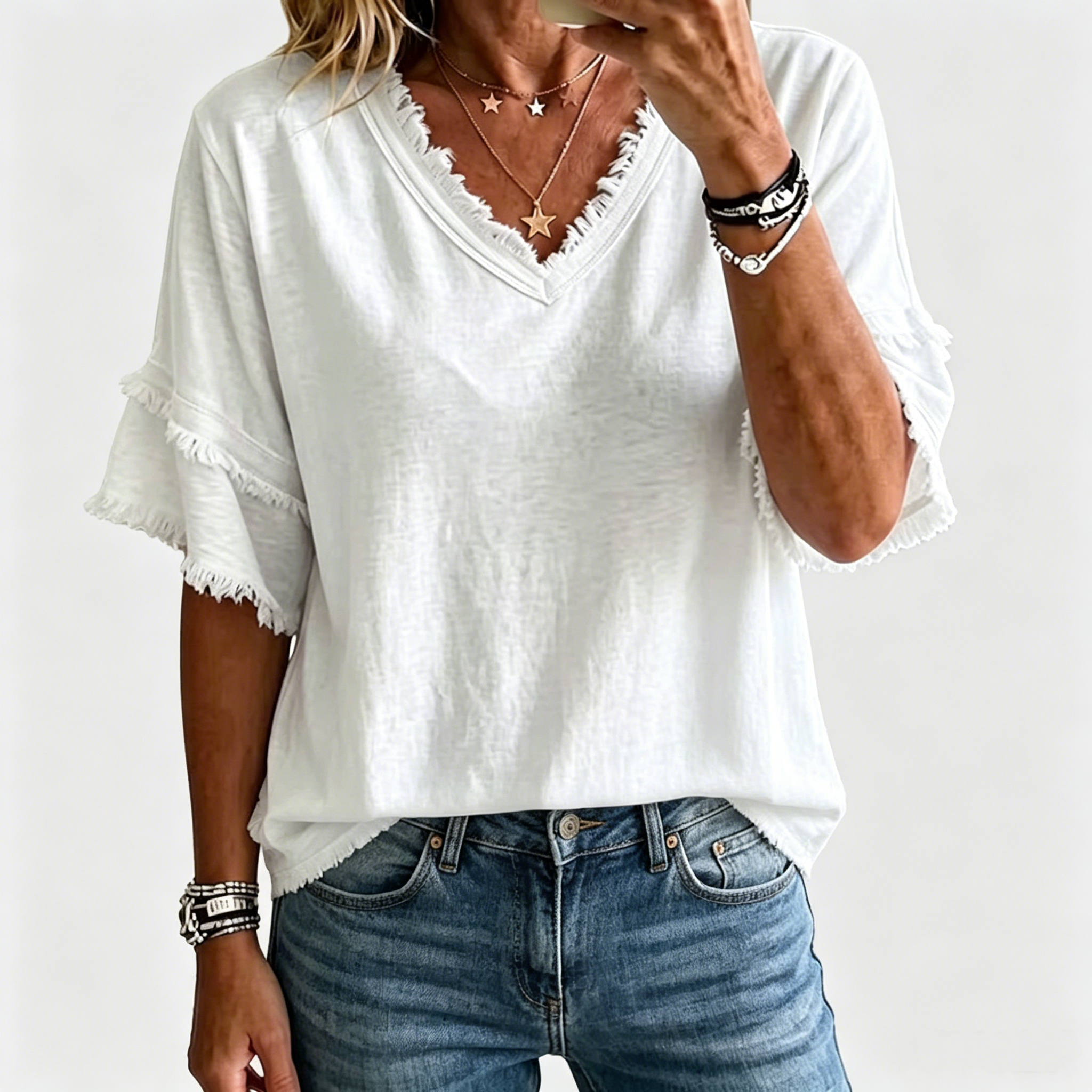 Vintage Frayed V-Neck Linen Top