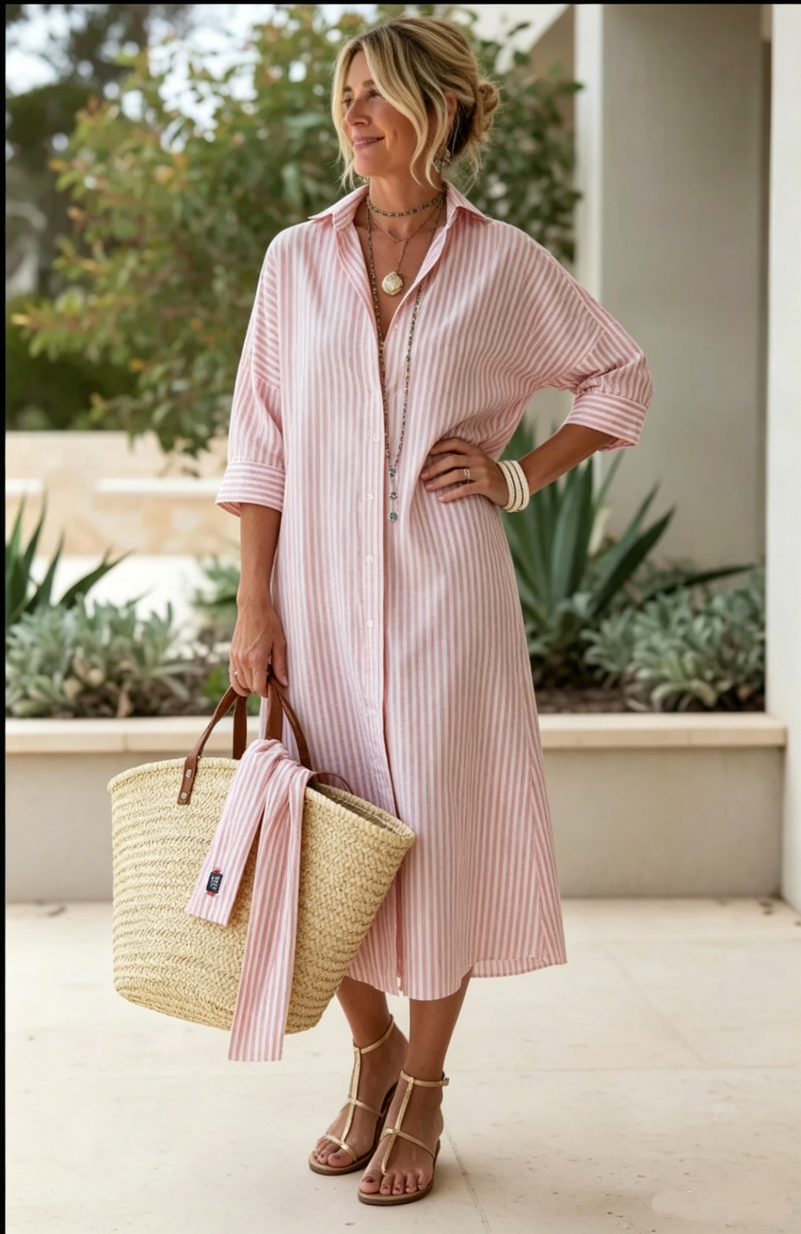 Classic Striped Lace-Up Shirt Dress