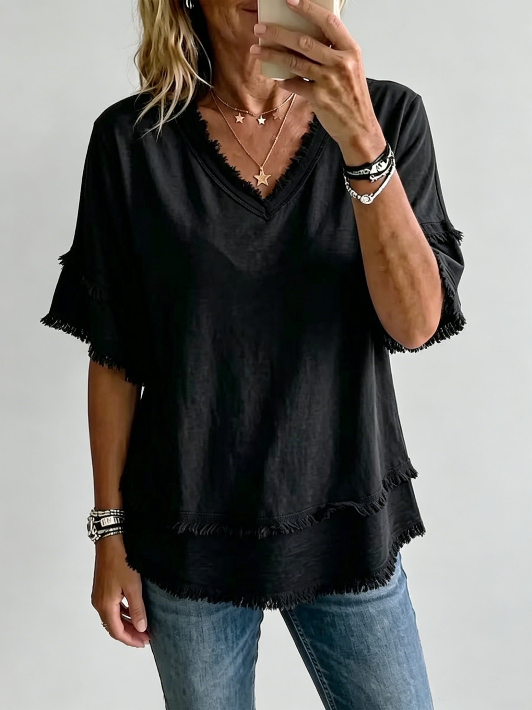 Vintage Frayed V-Neck Linen Top
