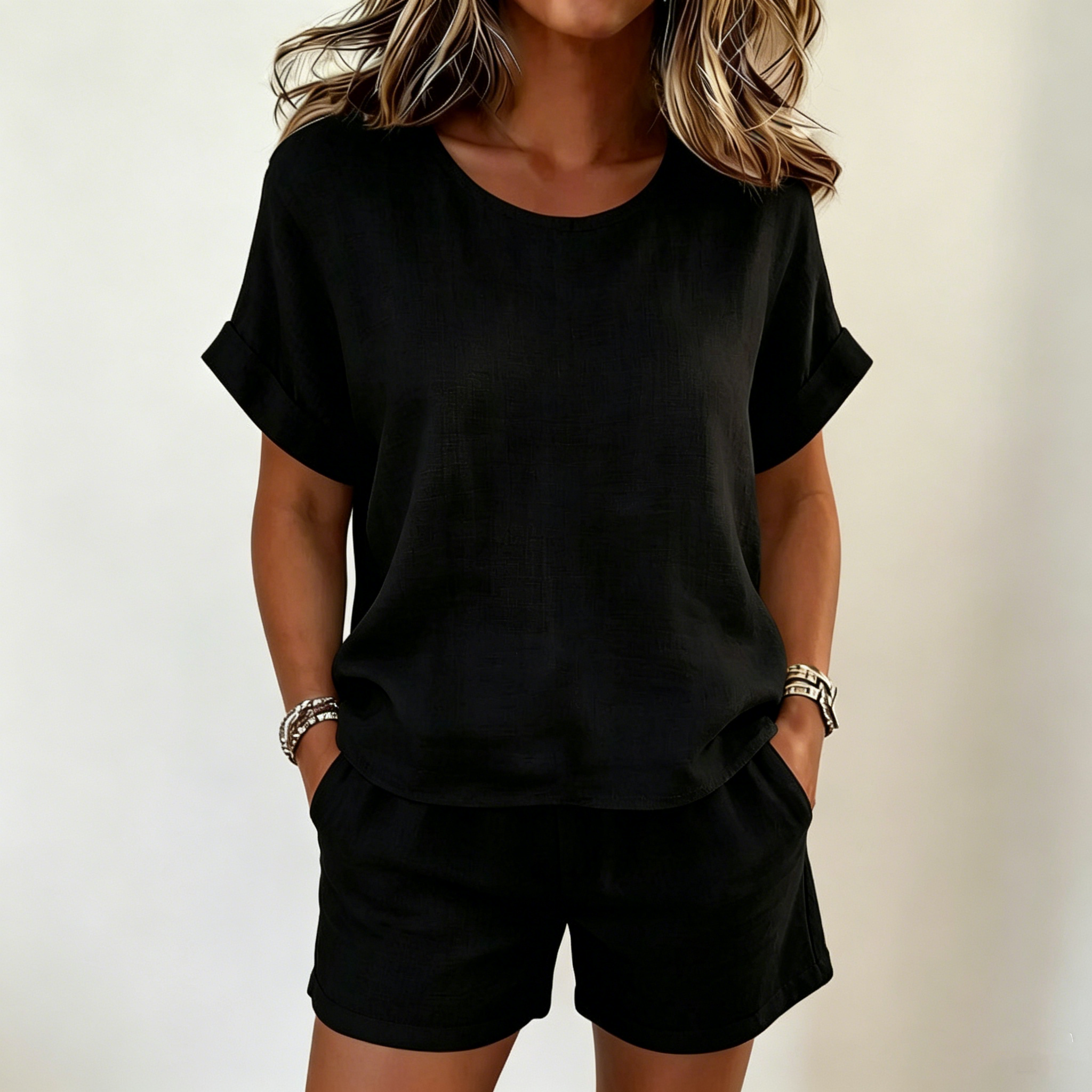 Solid-Color T-Shirt & Shorts Set – Cotton Linen, 10 Colors