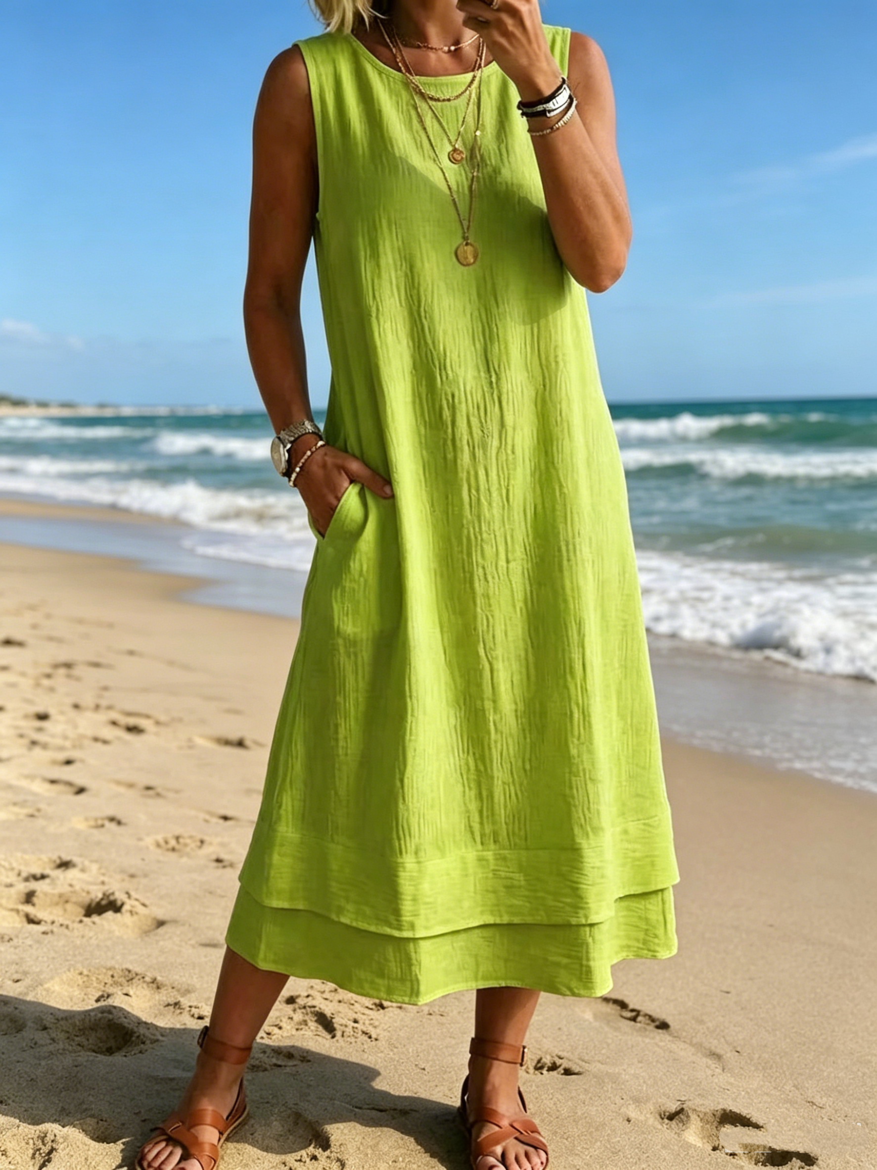 Women's 2026 Spring Summer Dress Sleeveless Round Neck A-Line Casual Dress