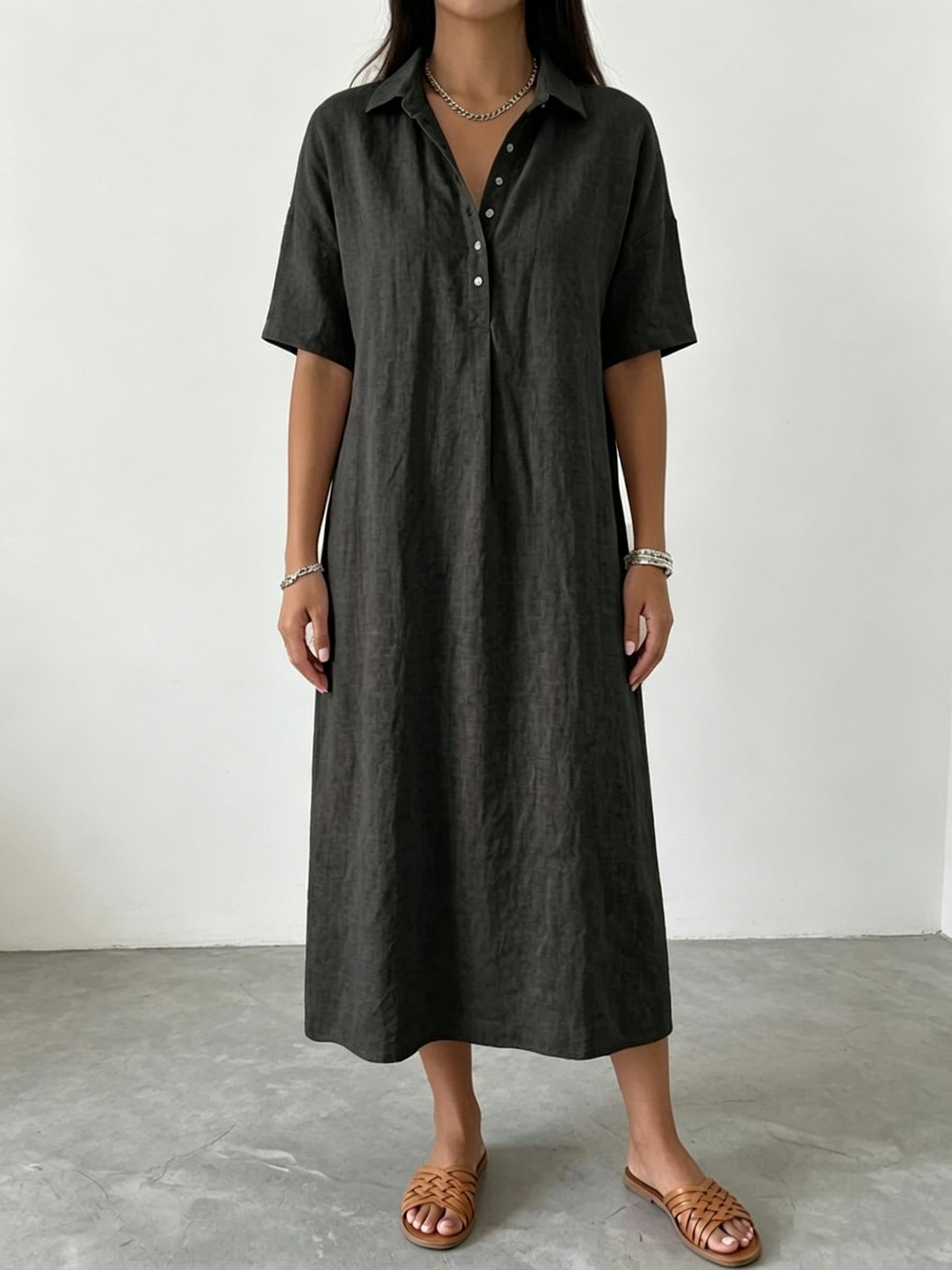 Women's Short-Sleeve Cotton-Linen Polo Dress