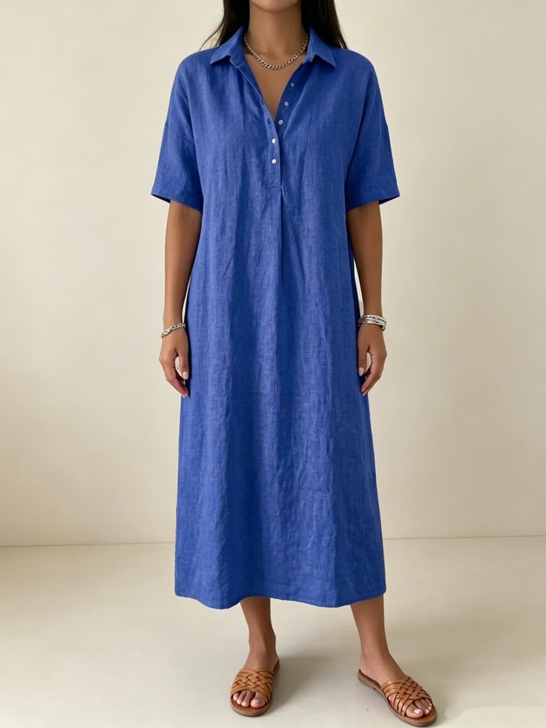 Women's Short-Sleeve Cotton-Linen Polo Dress