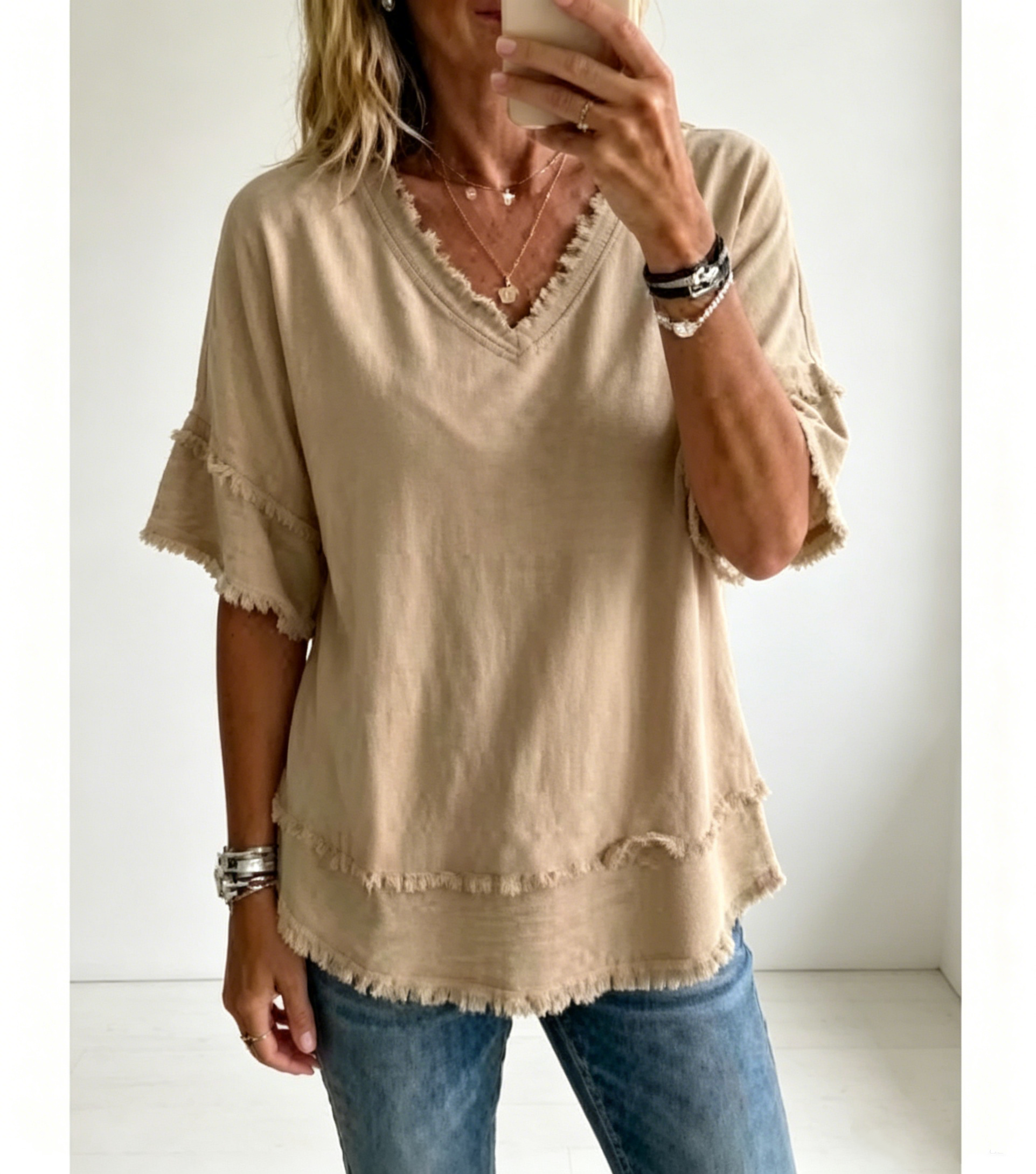 Vintage Frayed V-Neck Linen Top