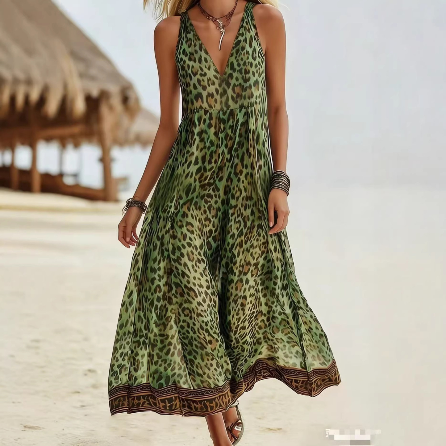 Women's Retro Casual Green Leopard Print Art Hooded Midi Dress