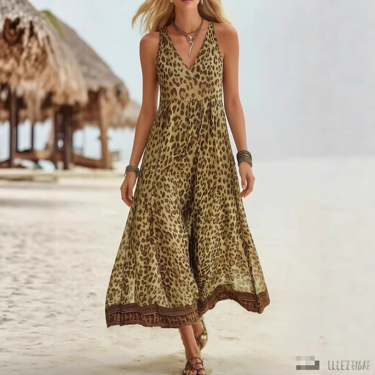 [Copy]🔥Women's Retro Casual Green Leopard Print Art Hooded Midi Dress