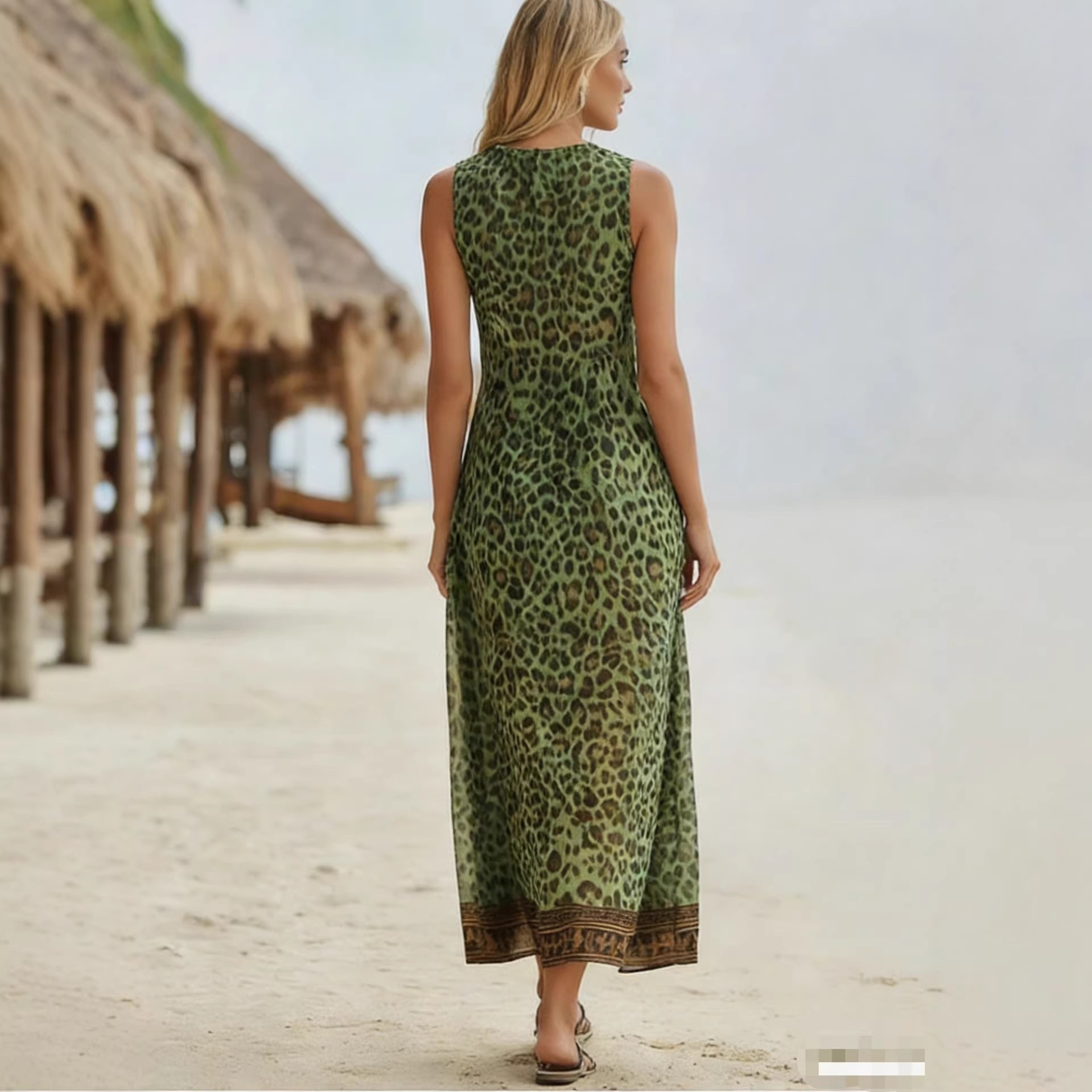 [Copy]🔥Women's Retro Casual Green Leopard Print Art Hooded Midi Dress