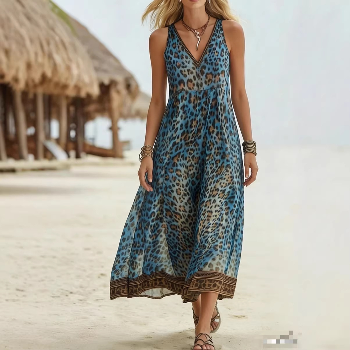 [Copy]🔥Women's Retro Casual Green Leopard Print Art Hooded Midi Dress