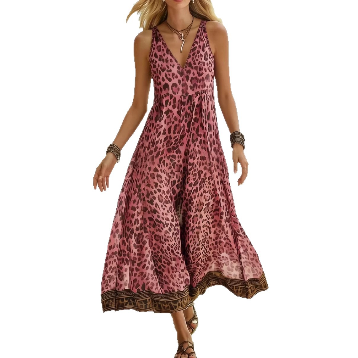 [Copy]🔥Women's Retro Casual Green Leopard Print Art Hooded Midi Dress