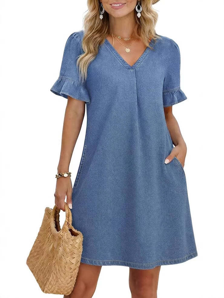 🌷🌷Women's Denim Dress V Neck Ruffle Short Sleeve Babydoll A-Line Jean Mini Dress with Pockets