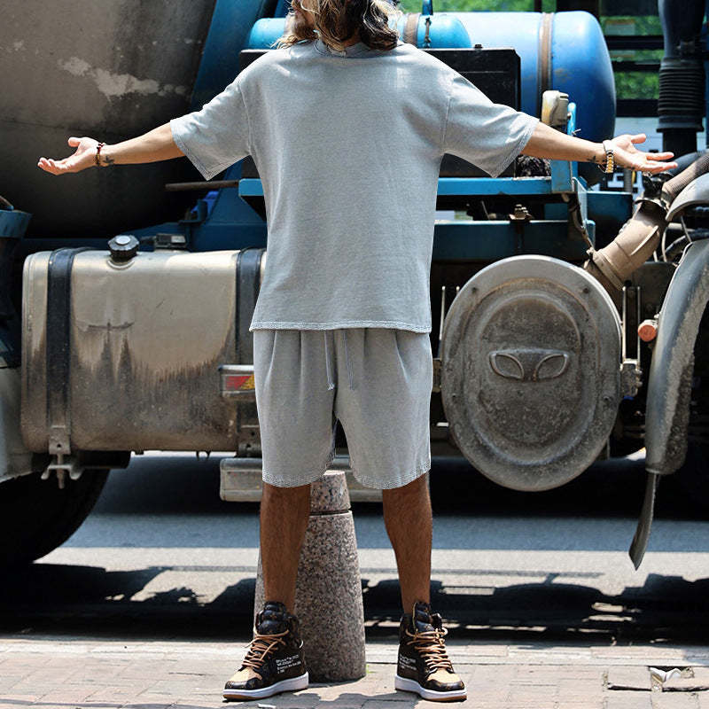 Men Loose Pure Solid Sports Short Sleeve T Shirt Shorts Set Outfit Sportswear