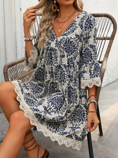 🌷🌷Lace Trim Printed V-Neck 3/4 Sleeve Dress