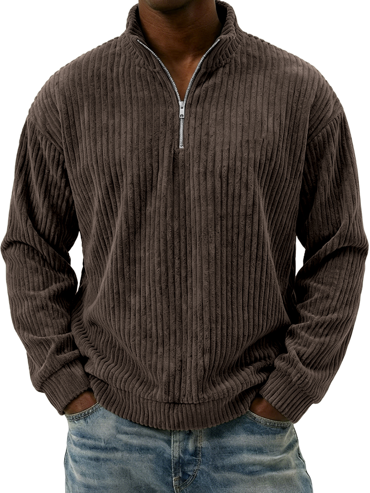 Men's Vintage Corduroy Solid Color Casual Quarter-Zip Pullover Top
