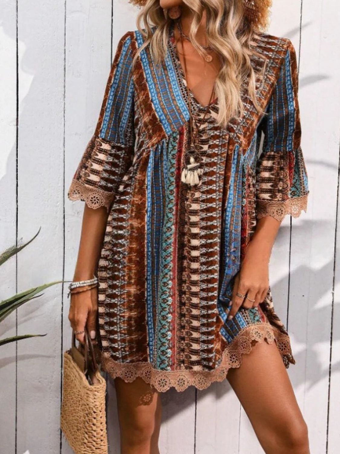 🌷🌷Lace Trim Printed V-Neck 3/4 Sleeve Dress