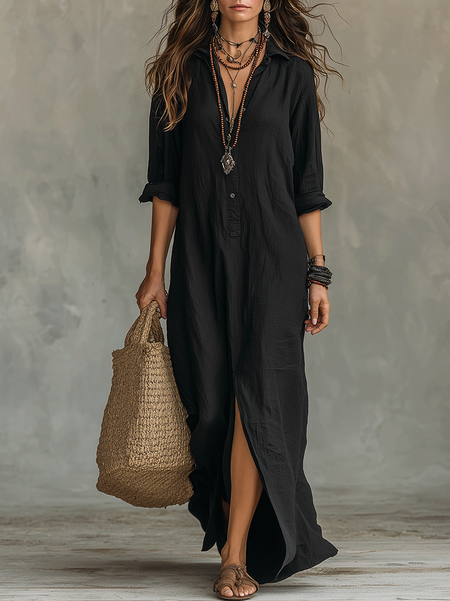 Button-Front Bohemian Shirt Maxi Dress