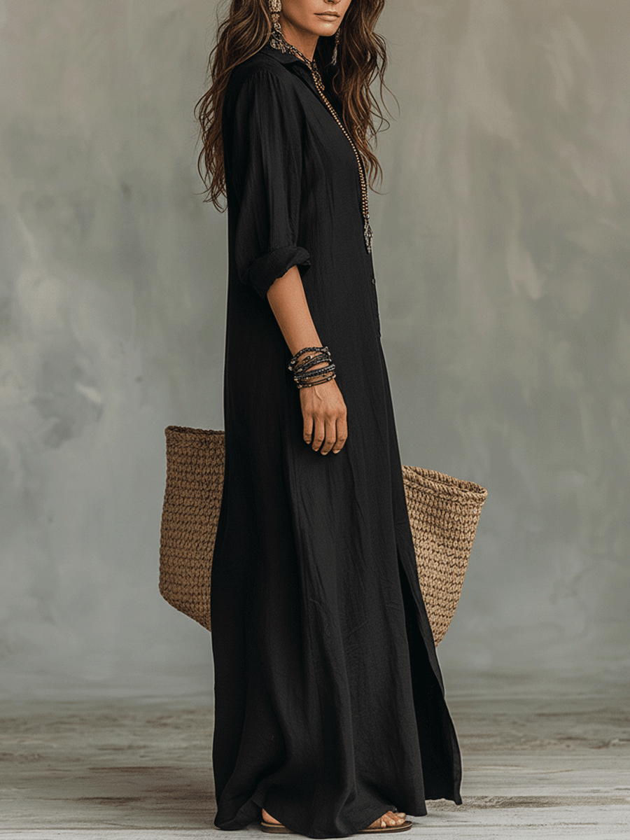 Button-Front Bohemian Shirt Maxi Dress