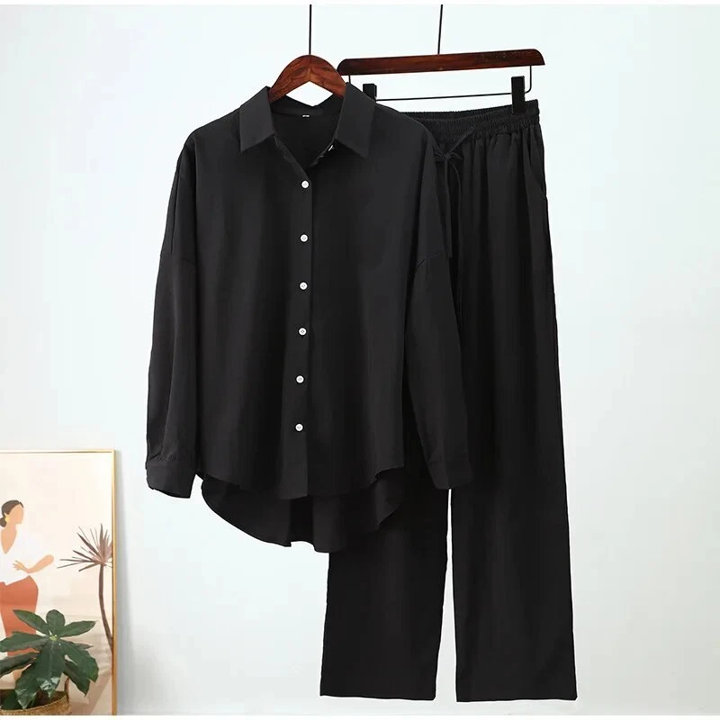 ✨Wide Leg Pants Set Two Piece Set Women Shirt Autumn Casual Loose Work Streetwear