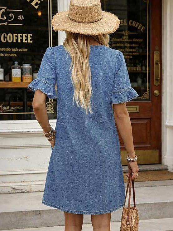 🌷🌷Women's Denim Dress V Neck Ruffle Short Sleeve Babydoll A-Line Jean Mini Dress with Pockets