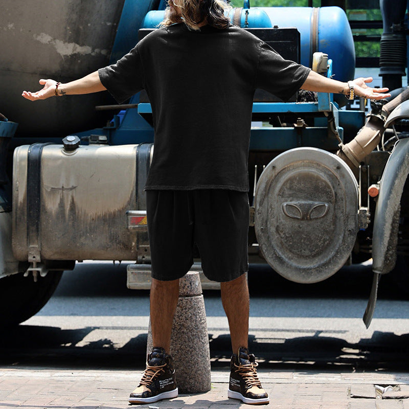 Men Loose Pure Solid Sports Short Sleeve T Shirt Shorts Set Outfit Sportswear