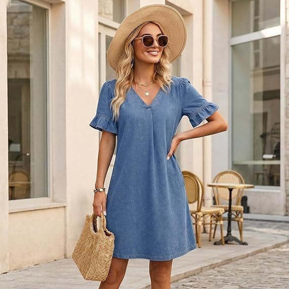 🌷🌷Women's Denim Dress V Neck Ruffle Short Sleeve Babydoll A-Line Jean Mini Dress with Pockets