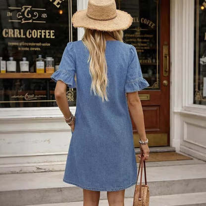 🌷🌷Women's Denim Dress V Neck Ruffle Short Sleeve Babydoll A-Line Jean Mini Dress with Pockets