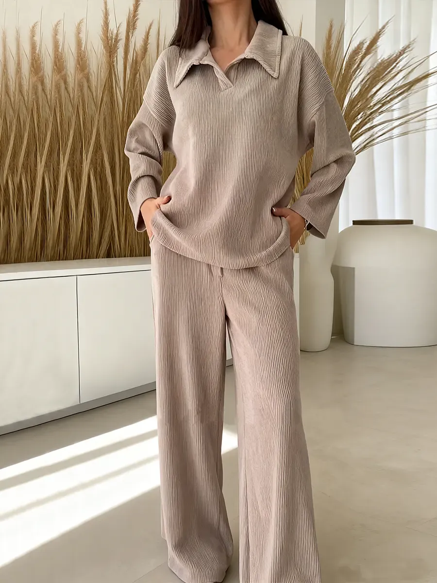 Women's Solid Color Collared Long-sleeved Casual Loose Top With Elastic Waist And Wide-leg Pants Set