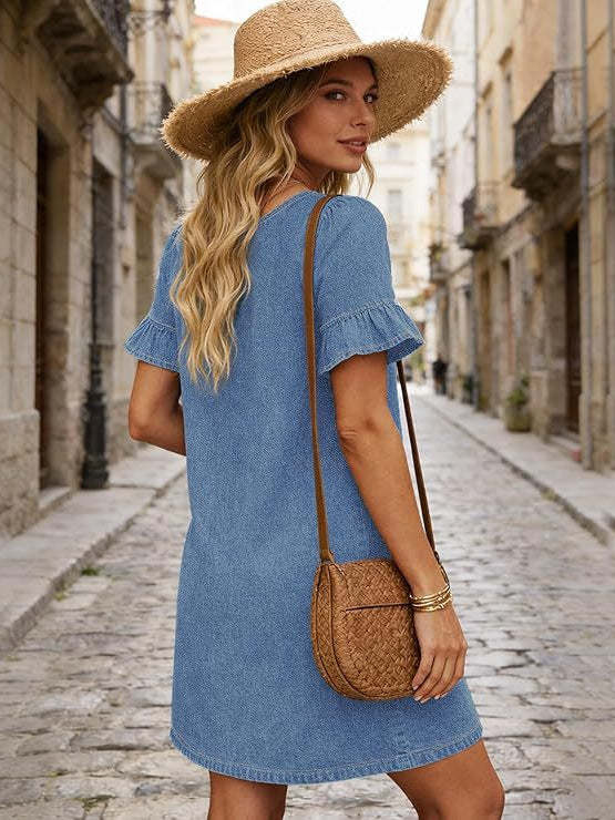 🌷🌷Women's Denim Dress V Neck Ruffle Short Sleeve Babydoll A-Line Jean Mini Dress with Pockets