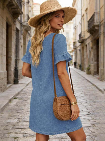 🌷🌷Women's Denim Dress V Neck Ruffle Short Sleeve Babydoll A-Line Jean Mini Dress with Pockets
