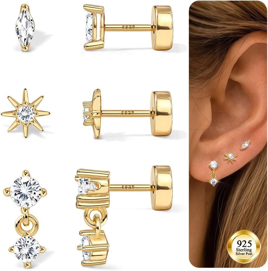 S925 Sterling Silver Flat Back Earrings for Women Hypoallergenic - 14K Gold Plated Flatback Stud Earrings Cartilage Helix Tragus Conch Piercing Jewelry 3 Pairs Dainty CZ Butterfly Studs