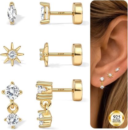 S925 Sterling Silver Flat Back Earrings for Women Hypoallergenic - 14K Gold Plated Flatback Stud Earrings Cartilage Helix Tragus Conch Piercing Jewelry 3 Pairs Dainty CZ Butterfly Studs